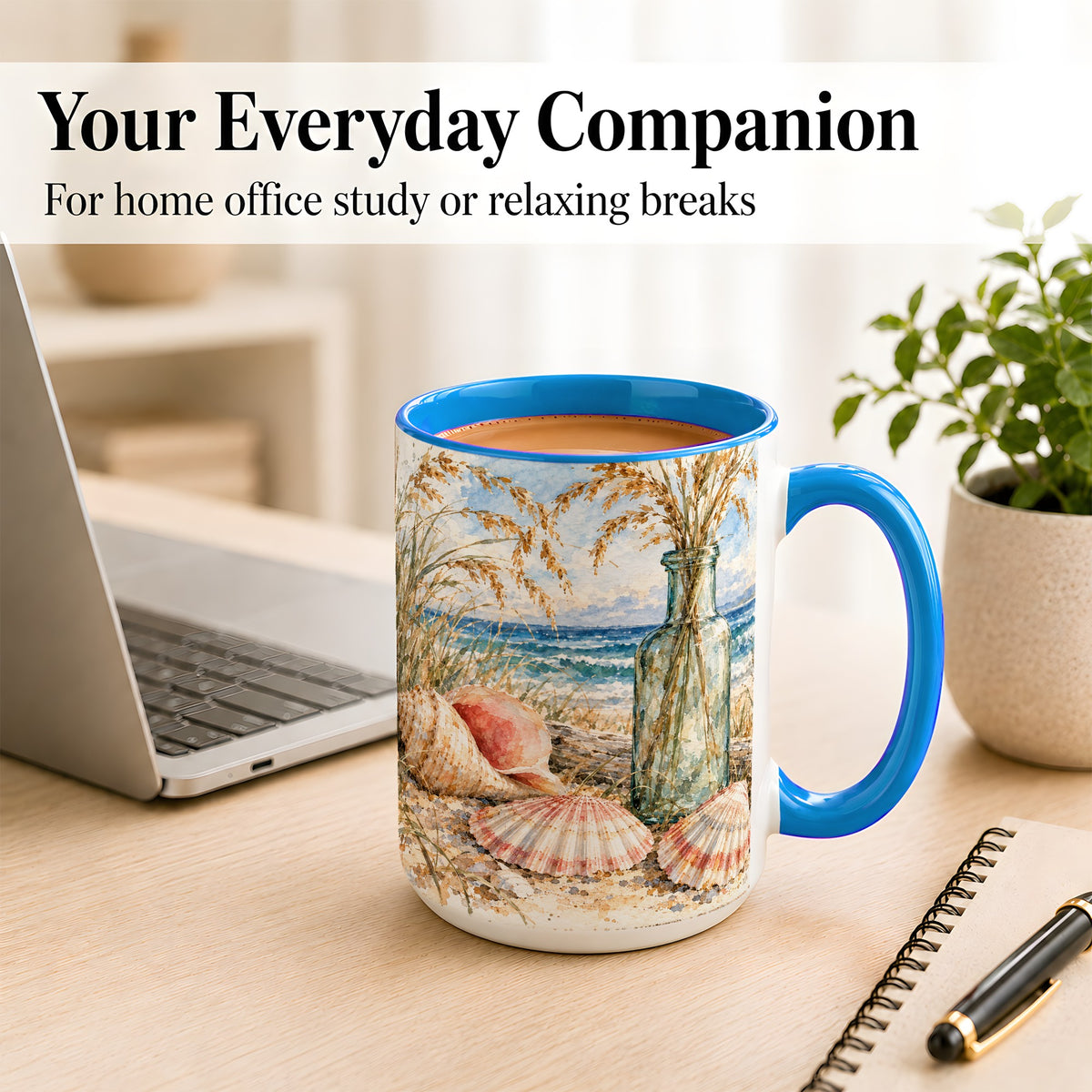 #pl[15oz|Blue] Watercolor Seashell Coffee Mug, Coastal Beach Mug, Ceramic Cup, Ocean Art