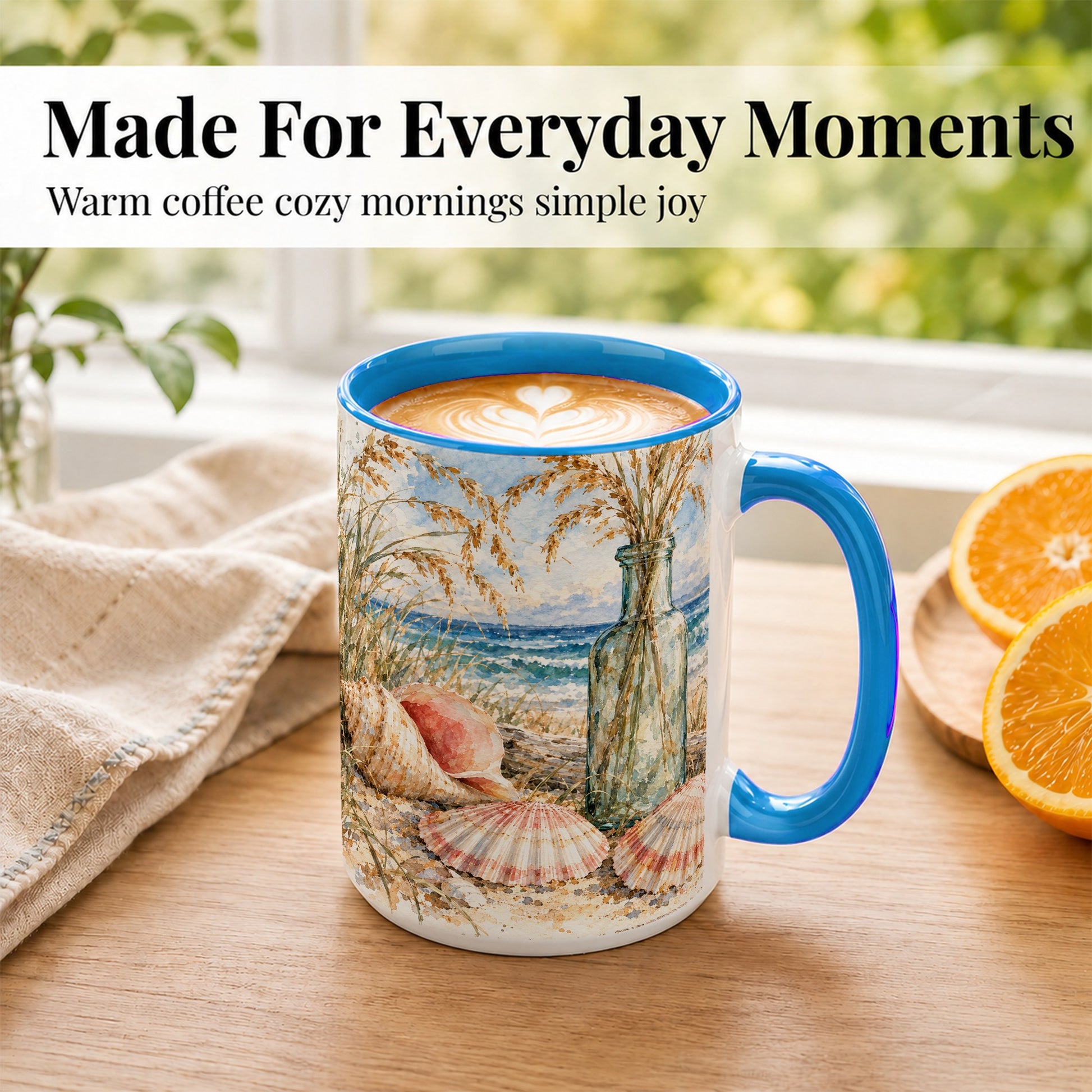 #pl[15oz|Blue] Watercolor Seashell Coffee Mug, Coastal Beach Mug, Ceramic Cup, Ocean Art