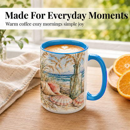 #pl[15oz|Blue] Watercolor Seashell Coffee Mug, Coastal Beach Mug, Ceramic Cup, Ocean Art