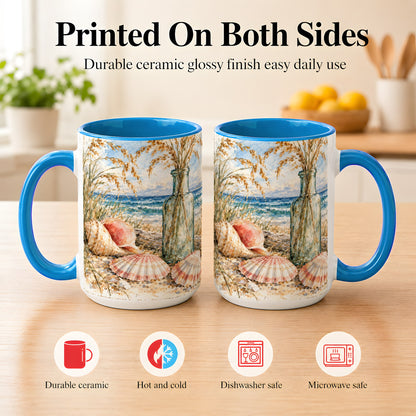 #pl[15oz|Blue] Watercolor Seashell Coffee Mug, Coastal Beach Mug, Ceramic Cup, Ocean Art