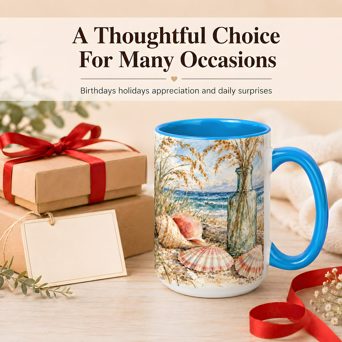 #pl[15oz|Blue] Watercolor Seashell Coffee Mug, Coastal Beach Mug, Ceramic Cup, Ocean Art