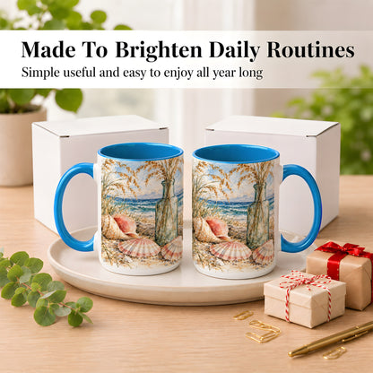 #pl[15oz|Blue] Watercolor Seashell Coffee Mug, Coastal Beach Mug, Ceramic Cup, Ocean Art