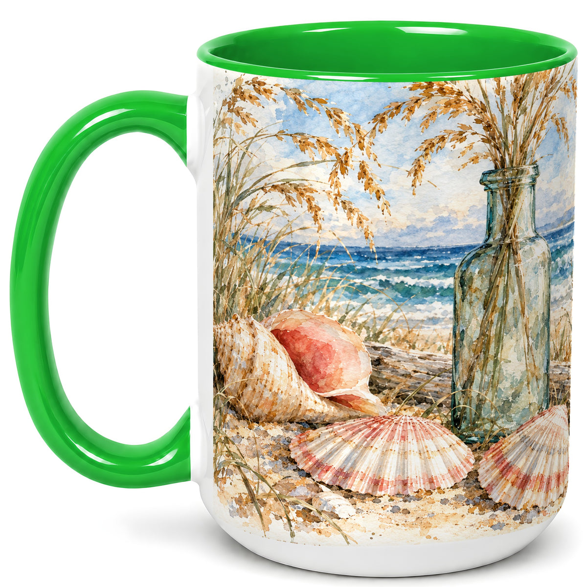 #pl[15oz|Green] Watercolor Seashell Coffee Mug, Coastal Beach Mug, Ceramic Cup, Ocean Art