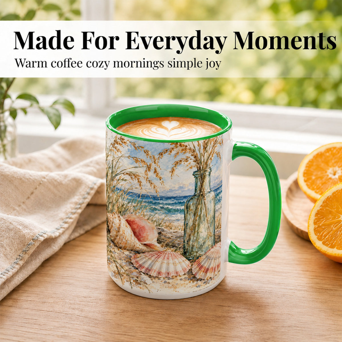 #pl[15oz|Green] Watercolor Seashell Coffee Mug, Coastal Beach Mug, Ceramic Cup, Ocean Art