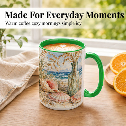 #pl[15oz|Green] Watercolor Seashell Coffee Mug, Coastal Beach Mug, Ceramic Cup, Ocean Art