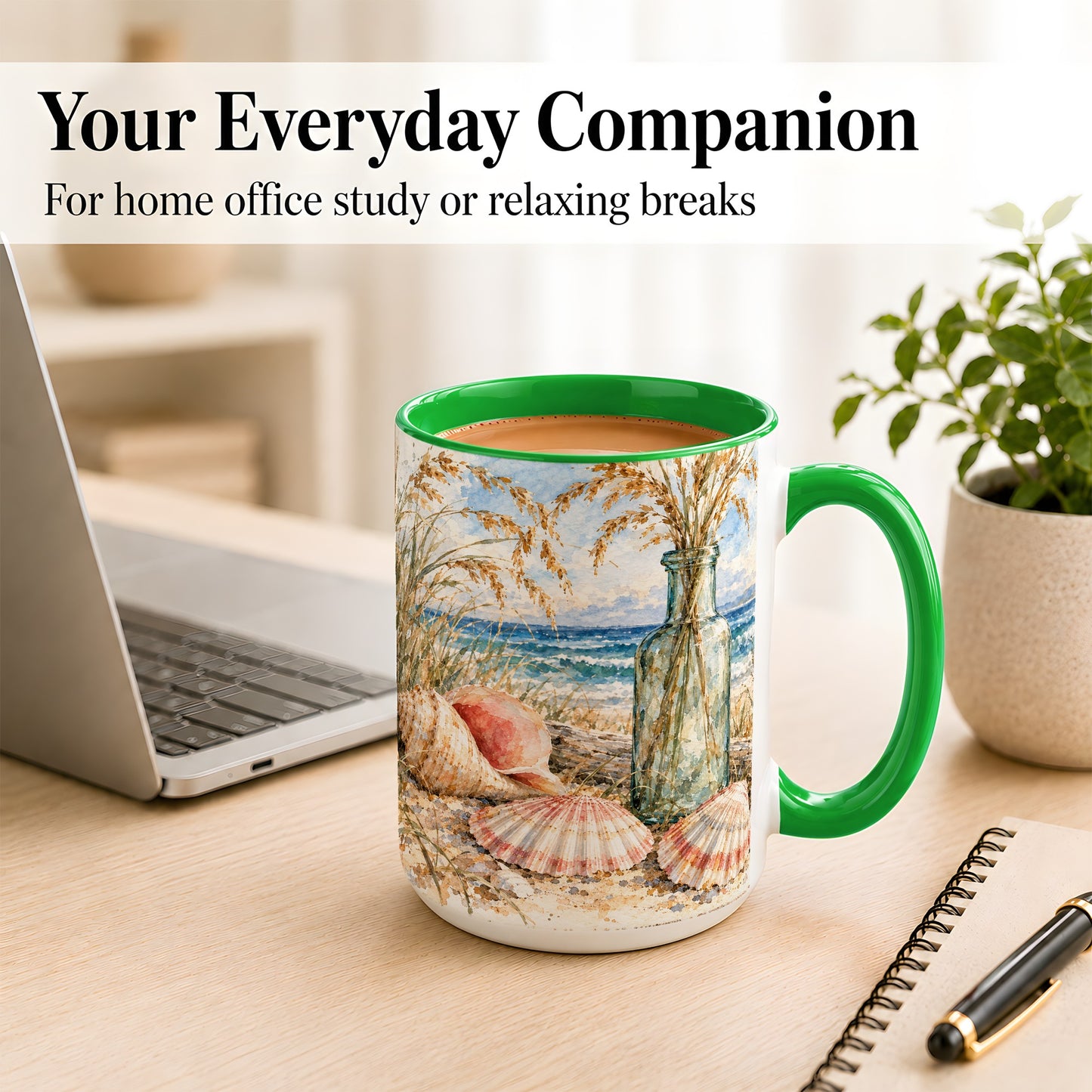 #pl[15oz|Green] Watercolor Seashell Coffee Mug, Coastal Beach Mug, Ceramic Cup, Ocean Art