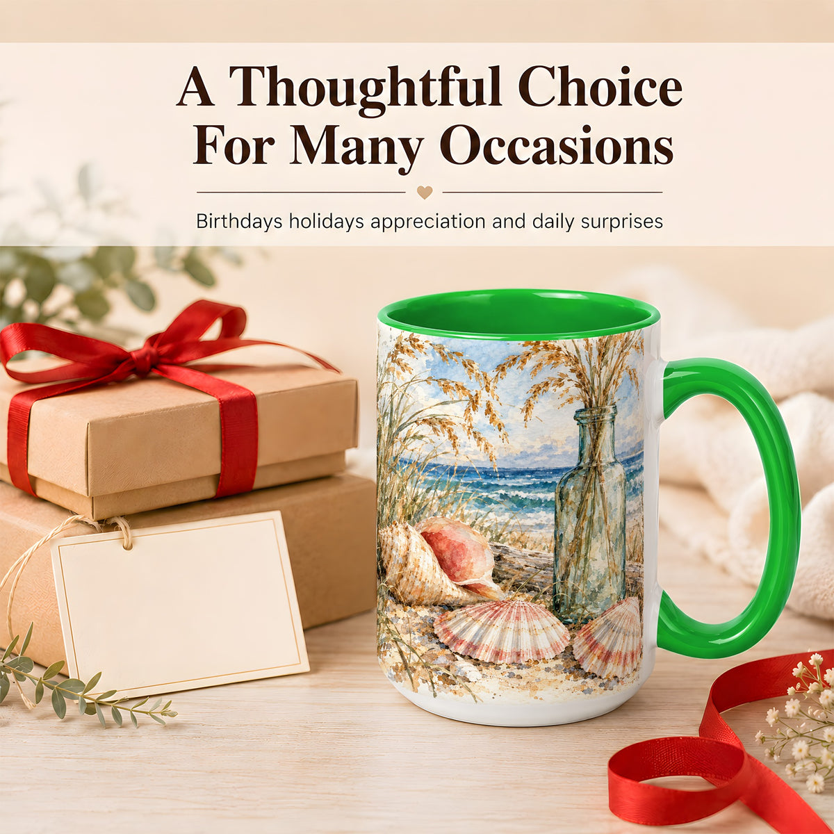 #pl[15oz|Green] Watercolor Seashell Coffee Mug, Coastal Beach Mug, Ceramic Cup, Ocean Art