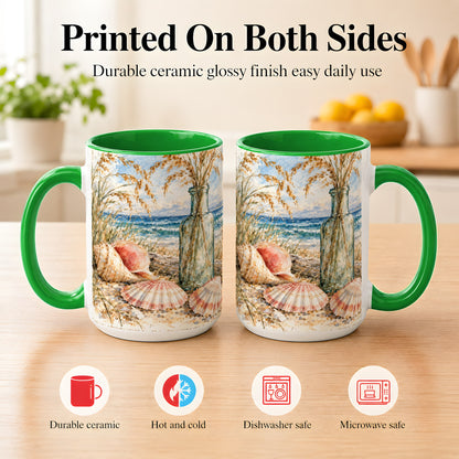 #pl[15oz|Green] Watercolor Seashell Coffee Mug, Coastal Beach Mug, Ceramic Cup, Ocean Art