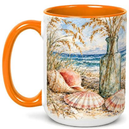#pl[15oz|Orange] Watercolor Seashell Coffee Mug, Coastal Beach Mug, Ceramic Cup, Ocean Art