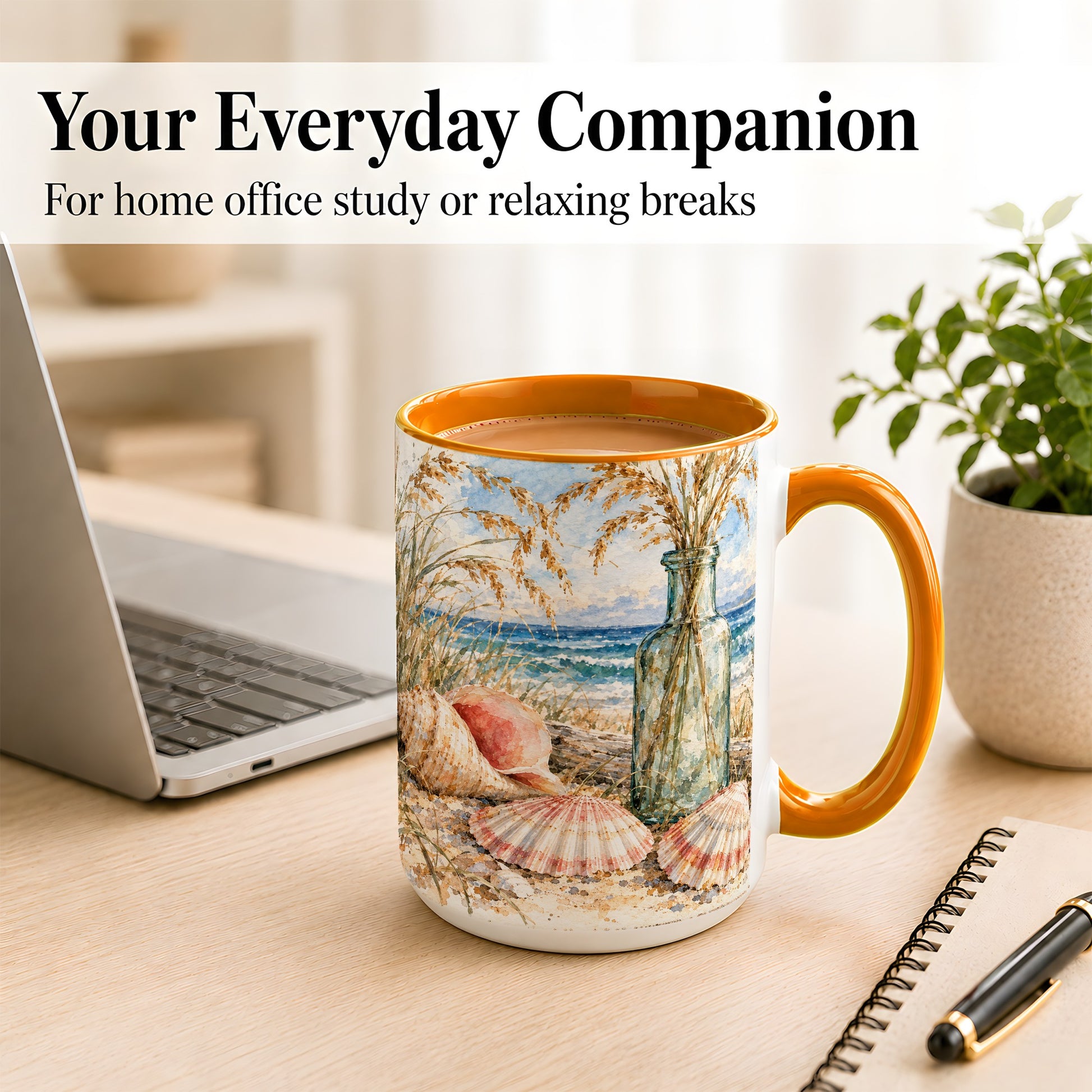 #pl[15oz|Orange] Watercolor Seashell Coffee Mug, Coastal Beach Mug, Ceramic Cup, Ocean Art