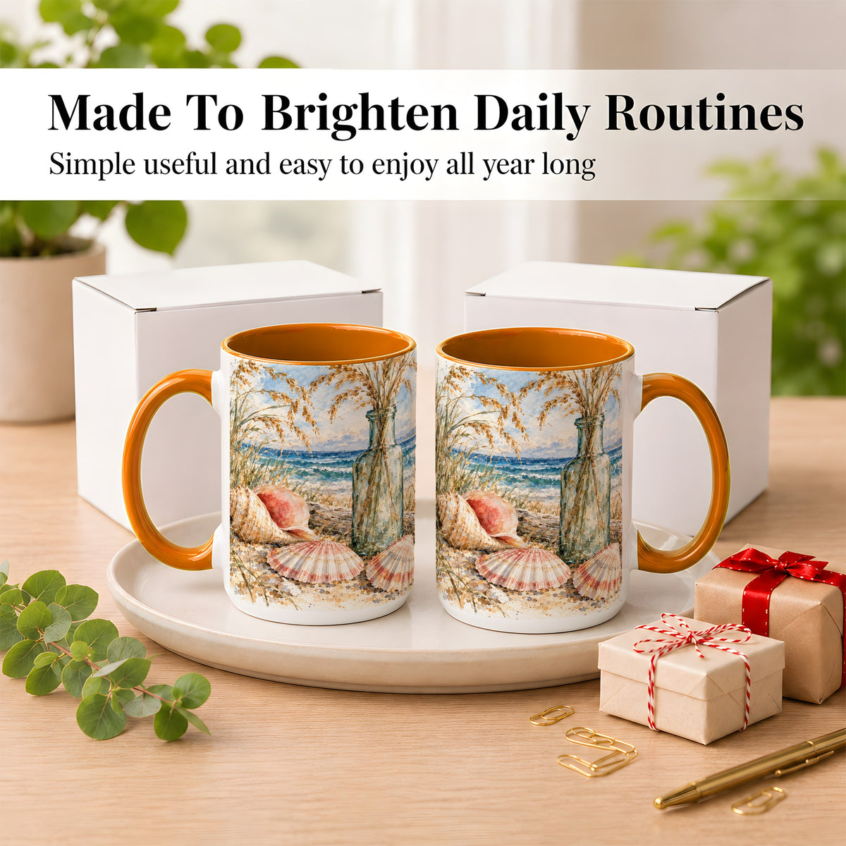 #pl[15oz|Orange] Watercolor Seashell Coffee Mug, Coastal Beach Mug, Ceramic Cup, Ocean Art