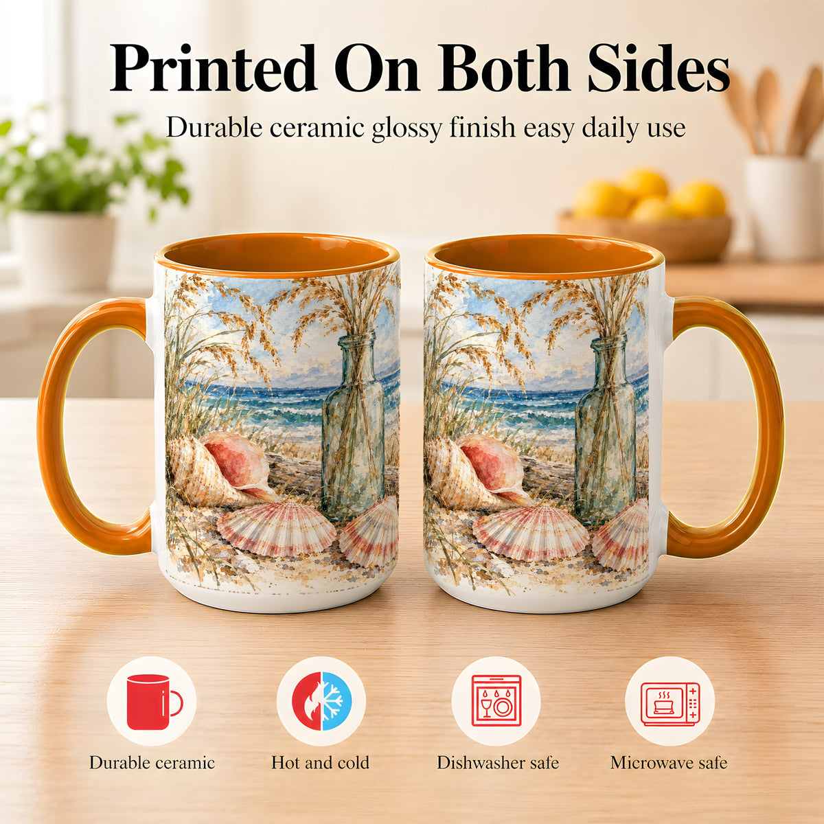#pl[15oz|Orange] Watercolor Seashell Coffee Mug, Coastal Beach Mug, Ceramic Cup, Ocean Art