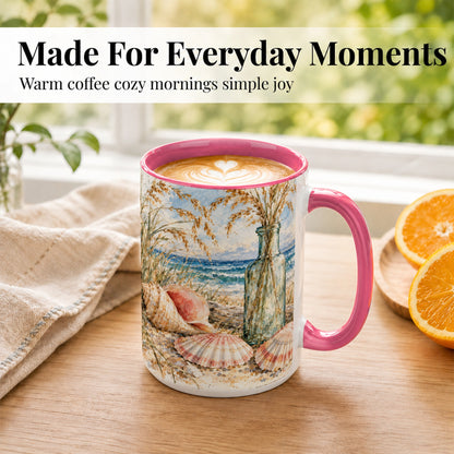 #pl[15oz|Pink] Watercolor Seashell Coffee Mug, Coastal Beach Mug, Ceramic Cup, Ocean Art