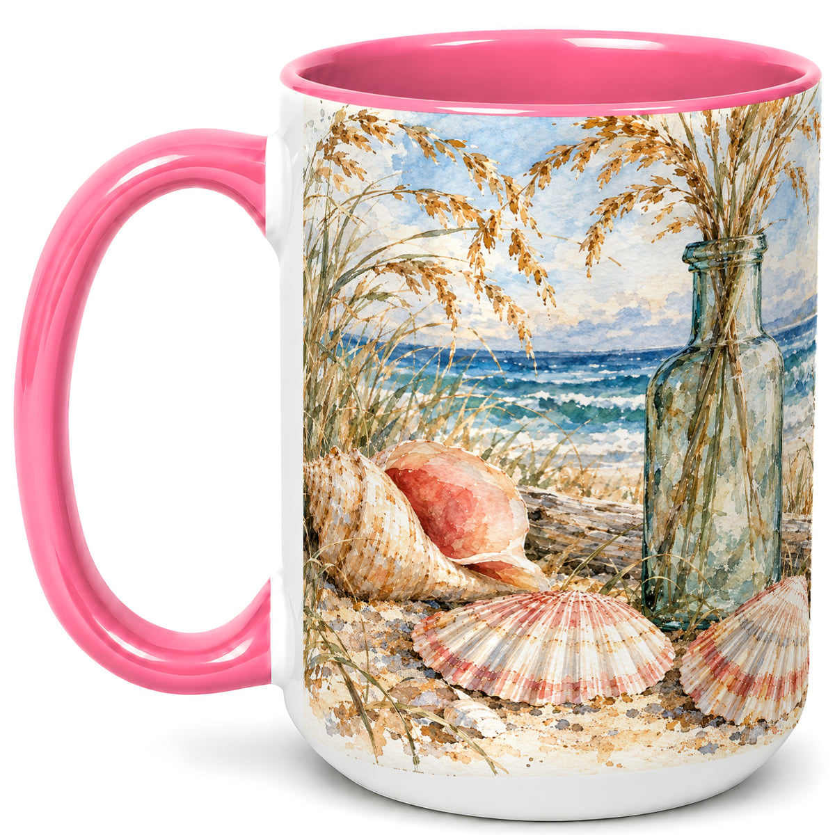 #pl[15oz|Pink] Watercolor Seashell Coffee Mug, Coastal Beach Mug, Ceramic Cup, Ocean Art