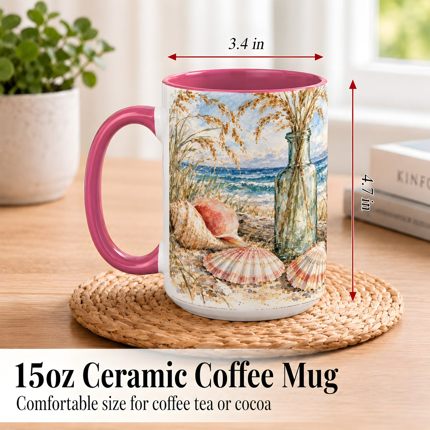 #pl[15oz|Pink] Watercolor Seashell Coffee Mug, Coastal Beach Mug, Ceramic Cup, Ocean Art