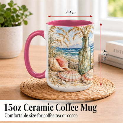 #pl[15oz|Pink] Watercolor Seashell Coffee Mug, Coastal Beach Mug, Ceramic Cup, Ocean Art
