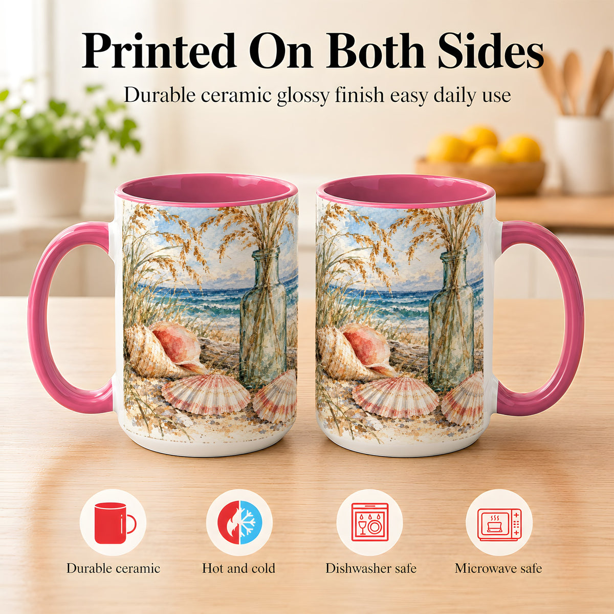 #pl[15oz|Pink] Watercolor Seashell Coffee Mug, Coastal Beach Mug, Ceramic Cup, Ocean Art