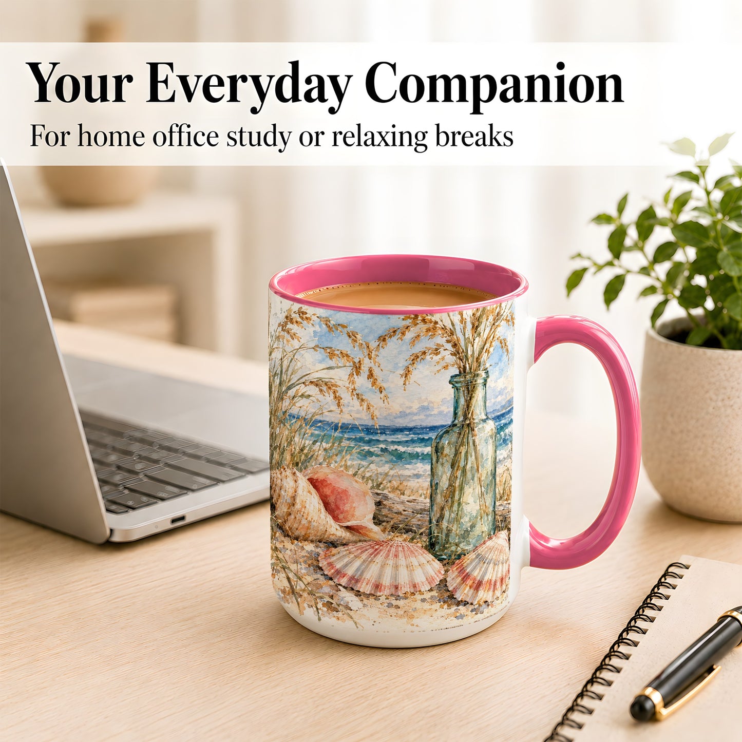 #pl[15oz|Pink] Watercolor Seashell Coffee Mug, Coastal Beach Mug, Ceramic Cup, Ocean Art