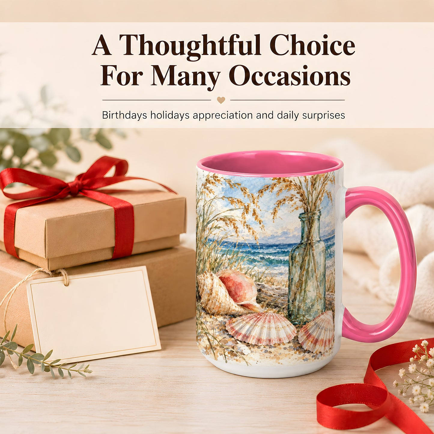 #pl[15oz|Pink] Watercolor Seashell Coffee Mug, Coastal Beach Mug, Ceramic Cup, Ocean Art