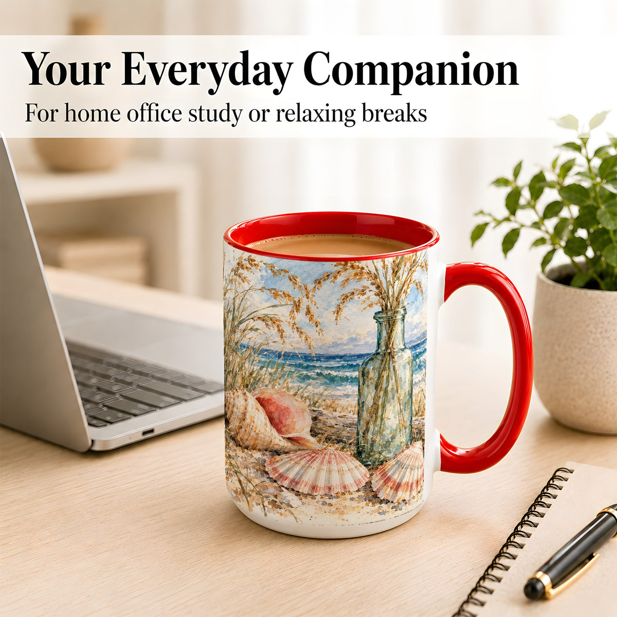 #pl[15oz|Red] Watercolor Seashell Coffee Mug, Coastal Beach Mug, Ceramic Cup, Ocean Art