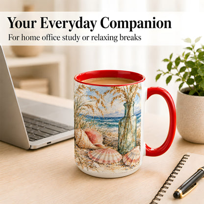 #pl[15oz|Red] Watercolor Seashell Coffee Mug, Coastal Beach Mug, Ceramic Cup, Ocean Art