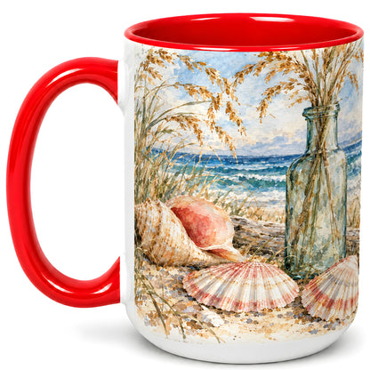 #pl[15oz|Red] Watercolor Seashell Coffee Mug, Coastal Beach Mug, Ceramic Cup, Ocean Art