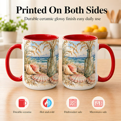 #pl[15oz|Red] Watercolor Seashell Coffee Mug, Coastal Beach Mug, Ceramic Cup, Ocean Art