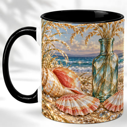 #pl[11oz|Black] Sunset Seashell Coffee Mug, Faceted Beach Mug, Ceramic Cup, Coastal Art