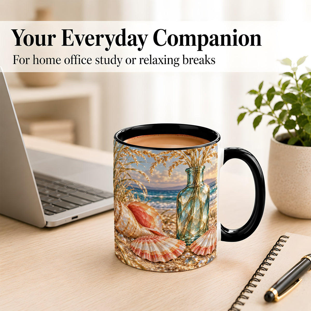 #pl[11oz|Black] Sunset Seashell Coffee Mug, Faceted Beach Mug, Ceramic Cup, Coastal Art