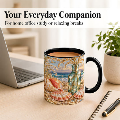 #pl[11oz|Black] Sunset Seashell Coffee Mug, Faceted Beach Mug, Ceramic Cup, Coastal Art