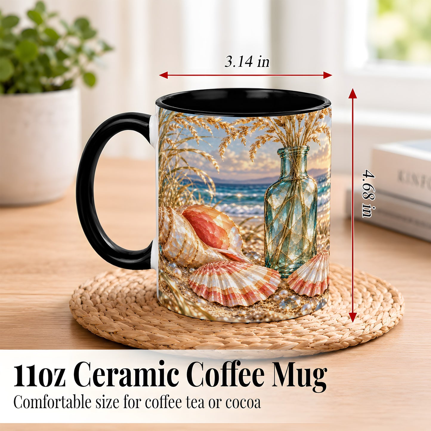 #pl[11oz|Black] Sunset Seashell Coffee Mug, Faceted Beach Mug, Ceramic Cup, Coastal Art