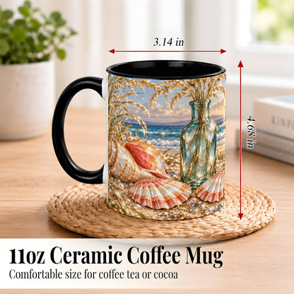 #pl[11oz|Black] Sunset Seashell Coffee Mug, Faceted Beach Mug, Ceramic Cup, Coastal Art