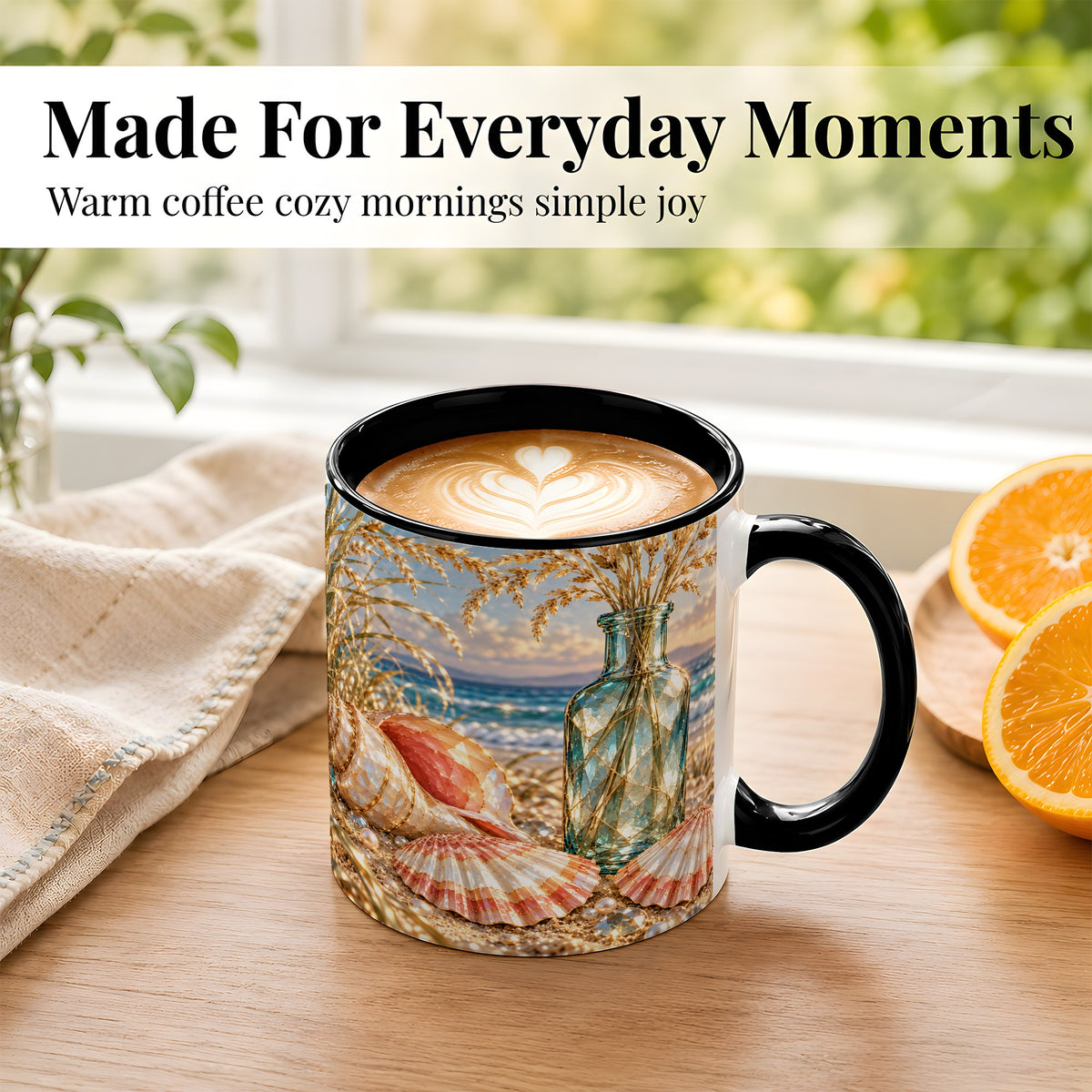 #pl[11oz|Black] Sunset Seashell Coffee Mug, Faceted Beach Mug, Ceramic Cup, Coastal Art