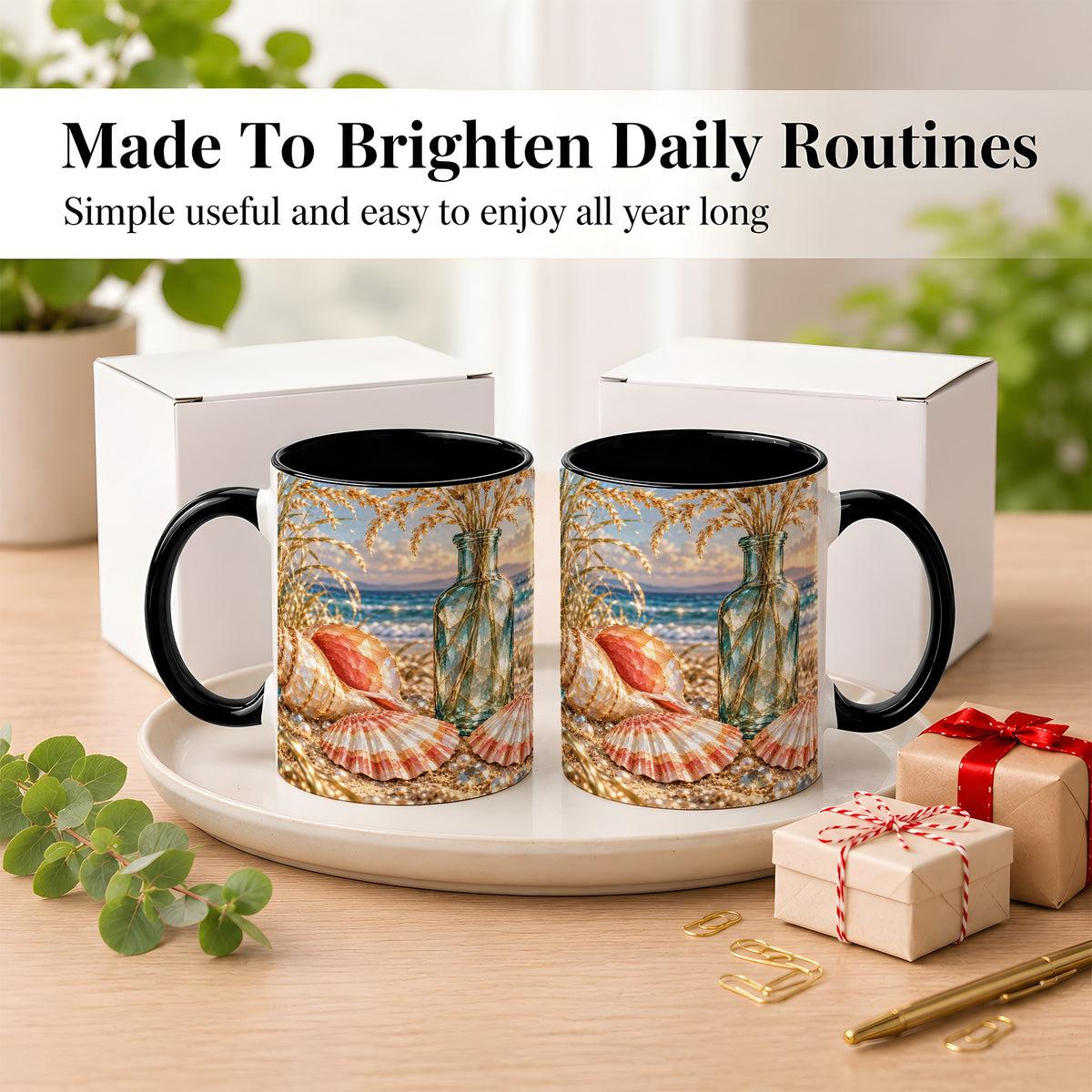 #pl[11oz|Black] Sunset Seashell Coffee Mug, Faceted Beach Mug, Ceramic Cup, Coastal Art