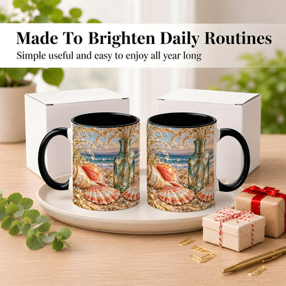#pl[11oz|Black] Sunset Seashell Coffee Mug, Faceted Beach Mug, Ceramic Cup, Coastal Art