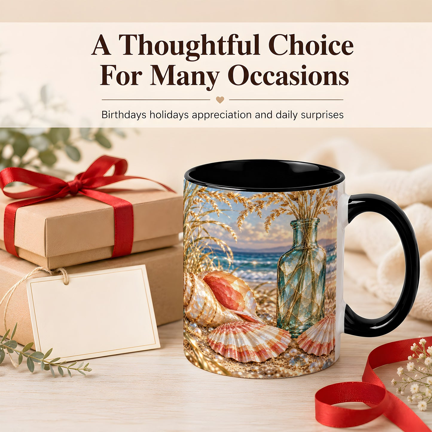 #pl[11oz|Black] Sunset Seashell Coffee Mug, Faceted Beach Mug, Ceramic Cup, Coastal Art
