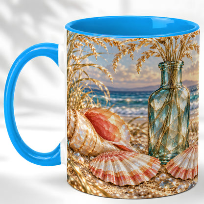 #pl[11oz|Blue] Sunset Seashell Coffee Mug, Faceted Beach Mug, Ceramic Cup, Coastal Art