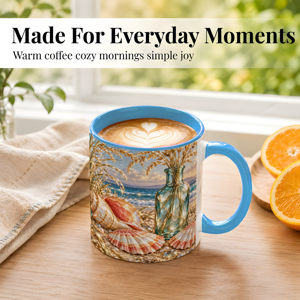 #pl[11oz|Blue] Sunset Seashell Coffee Mug, Faceted Beach Mug, Ceramic Cup, Coastal Art