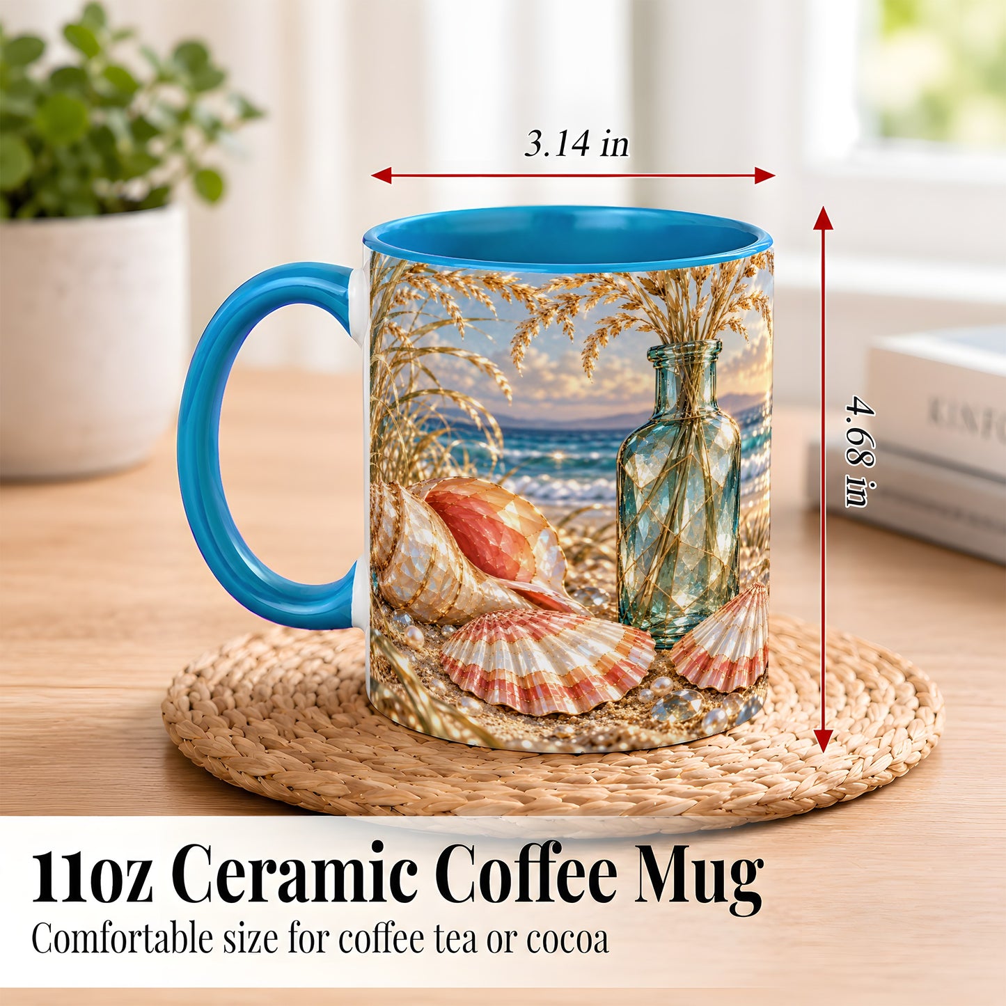 #pl[11oz|Blue] Sunset Seashell Coffee Mug, Faceted Beach Mug, Ceramic Cup, Coastal Art