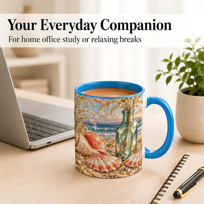 #pl[11oz|Blue] Sunset Seashell Coffee Mug, Faceted Beach Mug, Ceramic Cup, Coastal Art