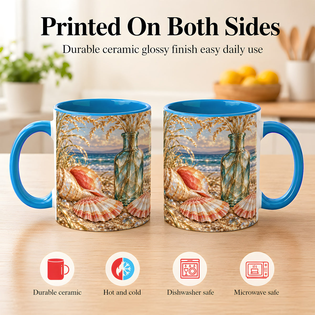 #pl[11oz|Blue] Sunset Seashell Coffee Mug, Faceted Beach Mug, Ceramic Cup, Coastal Art