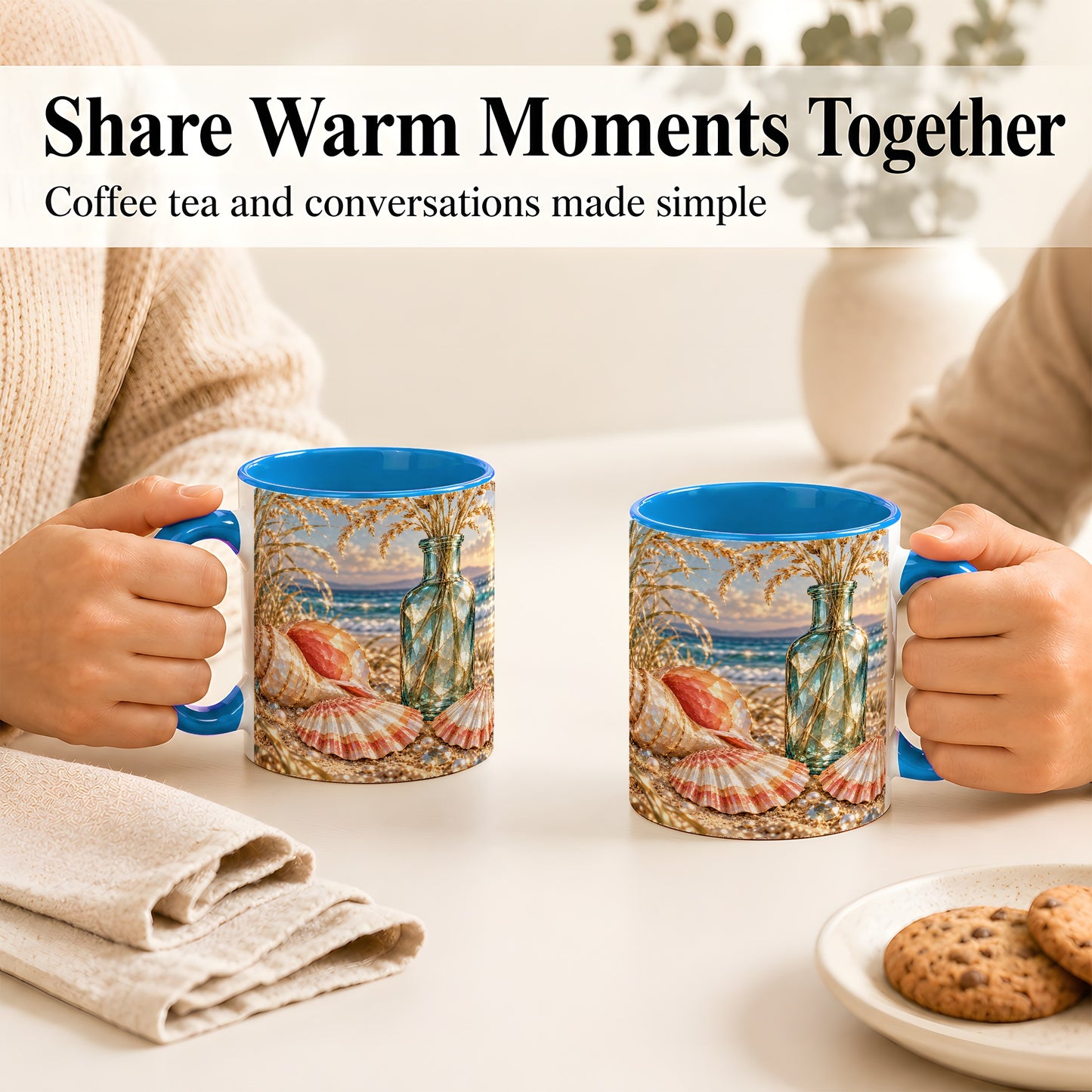 #pl[11oz|Blue] Sunset Seashell Coffee Mug, Faceted Beach Mug, Ceramic Cup, Coastal Art