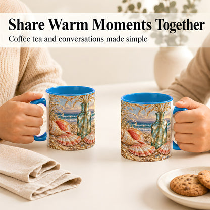 #pl[11oz|Blue] Sunset Seashell Coffee Mug, Faceted Beach Mug, Ceramic Cup, Coastal Art