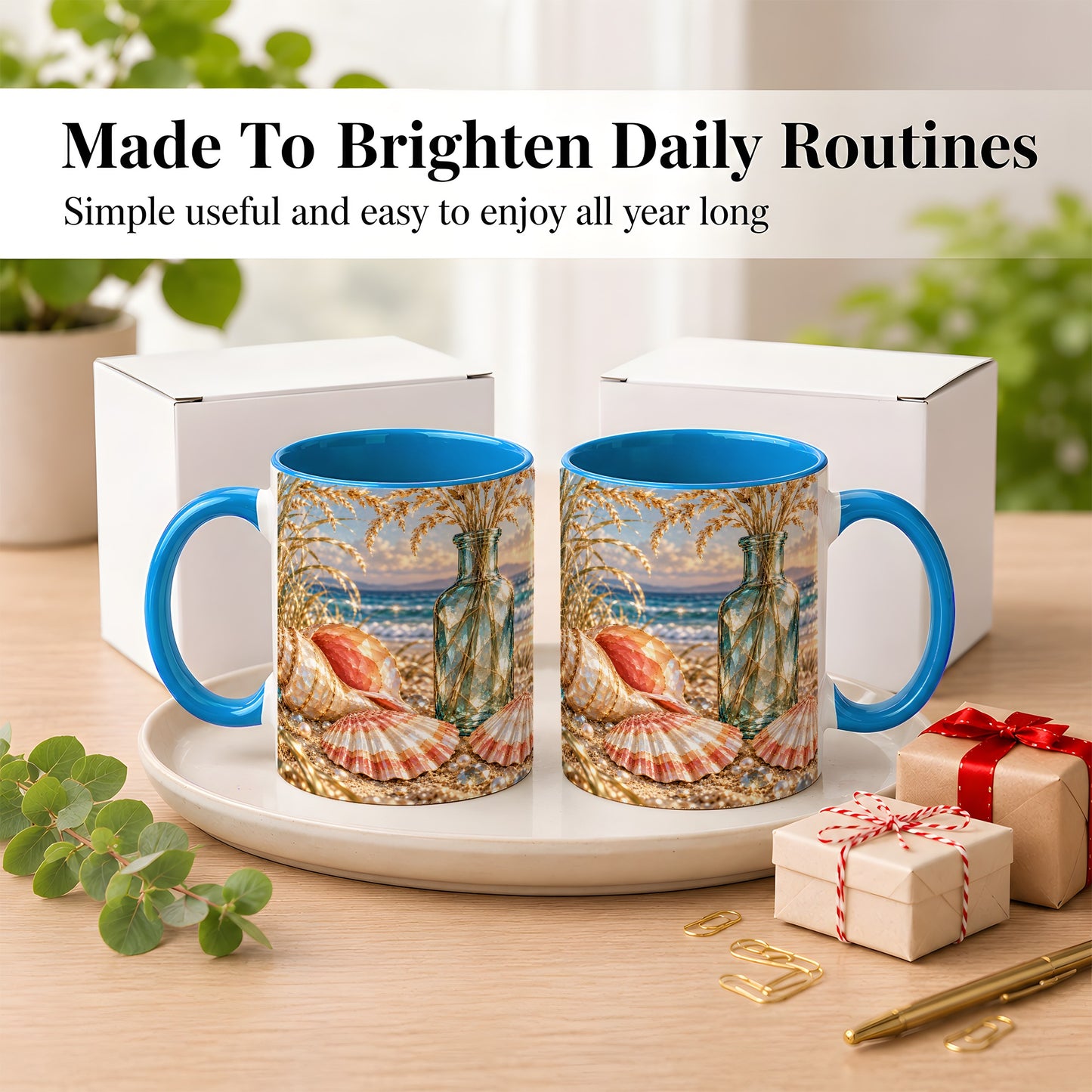 #pl[11oz|Blue] Sunset Seashell Coffee Mug, Faceted Beach Mug, Ceramic Cup, Coastal Art