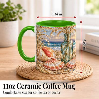 #pl[11oz|Green] Sunset Seashell Coffee Mug, Faceted Beach Mug, Ceramic Cup, Coastal Art