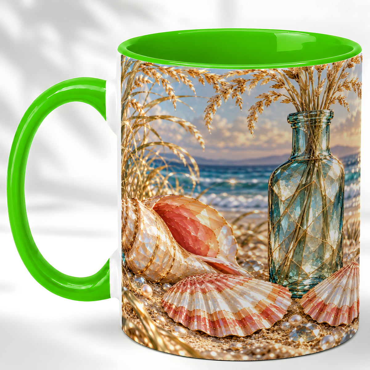 #pl[11oz|Green] Sunset Seashell Coffee Mug, Faceted Beach Mug, Ceramic Cup, Coastal Art