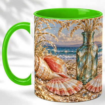 #pl[11oz|Green] Sunset Seashell Coffee Mug, Faceted Beach Mug, Ceramic Cup, Coastal Art