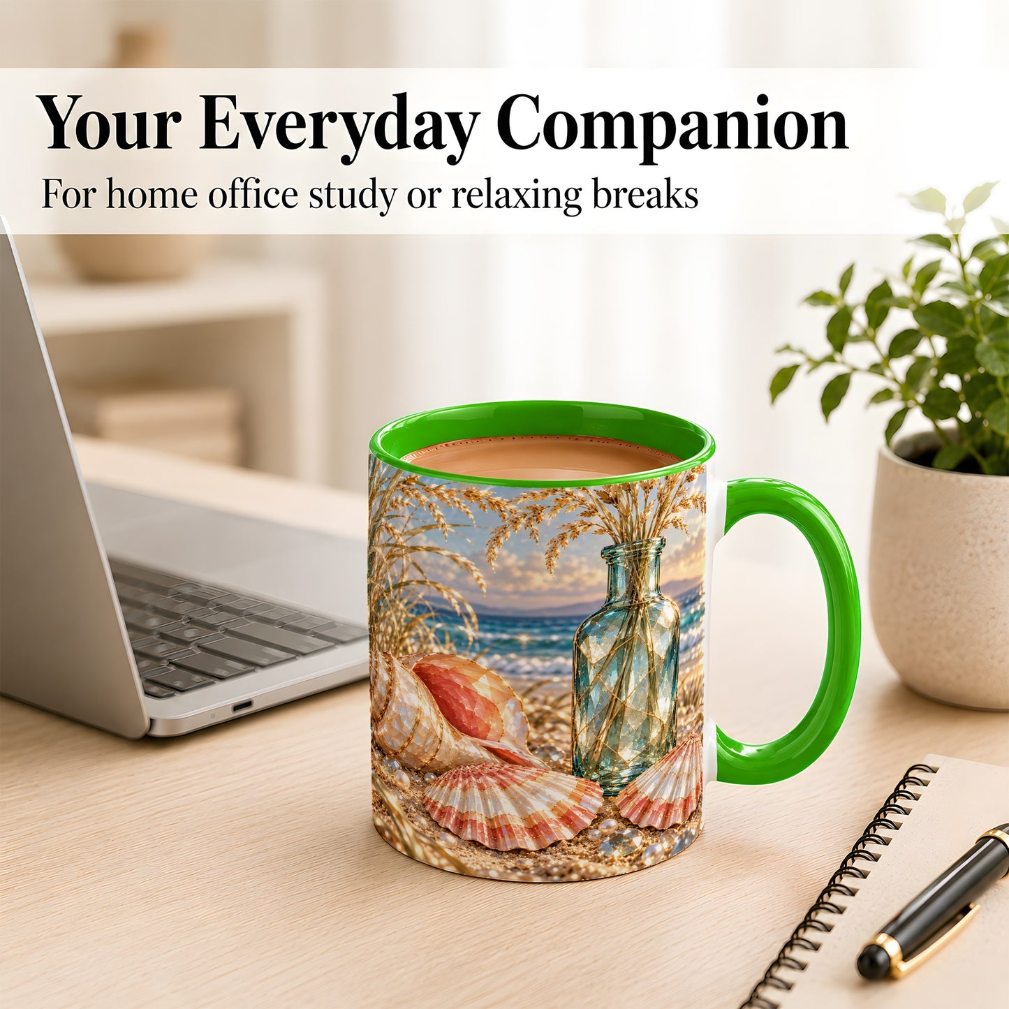 #pl[11oz|Green] Sunset Seashell Coffee Mug, Faceted Beach Mug, Ceramic Cup, Coastal Art