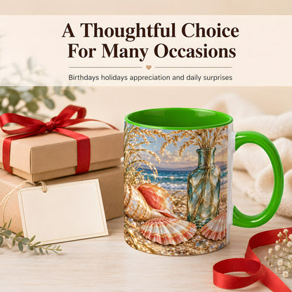 #pl[11oz|Green] Sunset Seashell Coffee Mug, Faceted Beach Mug, Ceramic Cup, Coastal Art