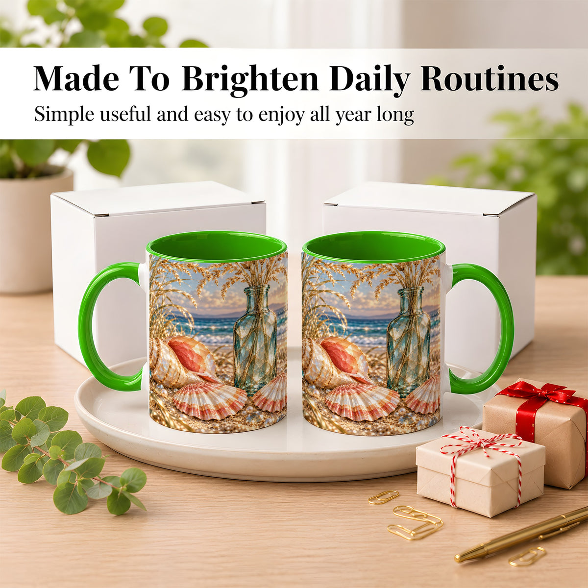#pl[11oz|Green] Sunset Seashell Coffee Mug, Faceted Beach Mug, Ceramic Cup, Coastal Art